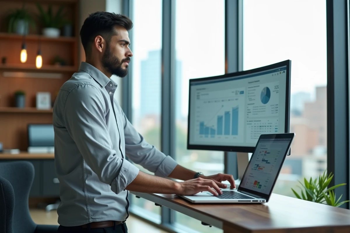 Conseiller professionnel gérant son activité via une plateforme en ligne sur laptop debout à son bureau