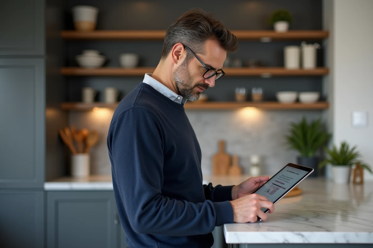 Homme consultant des avis consommateurs sur une tablette dans une cuisine moderne pour évaluer zalentrapro