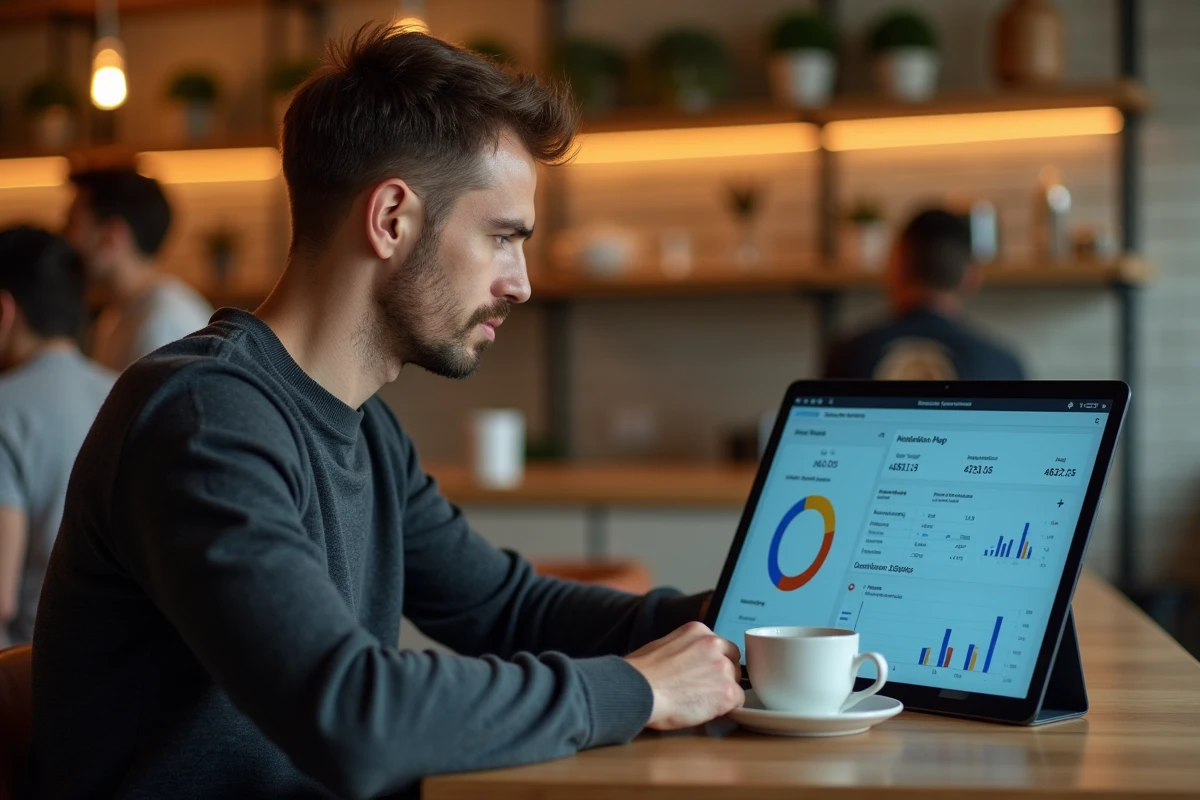 Entrepreneur consultant analysant les performances d'un entonnoir d'essai gratuit pour un site vitrine SaaS dans un café