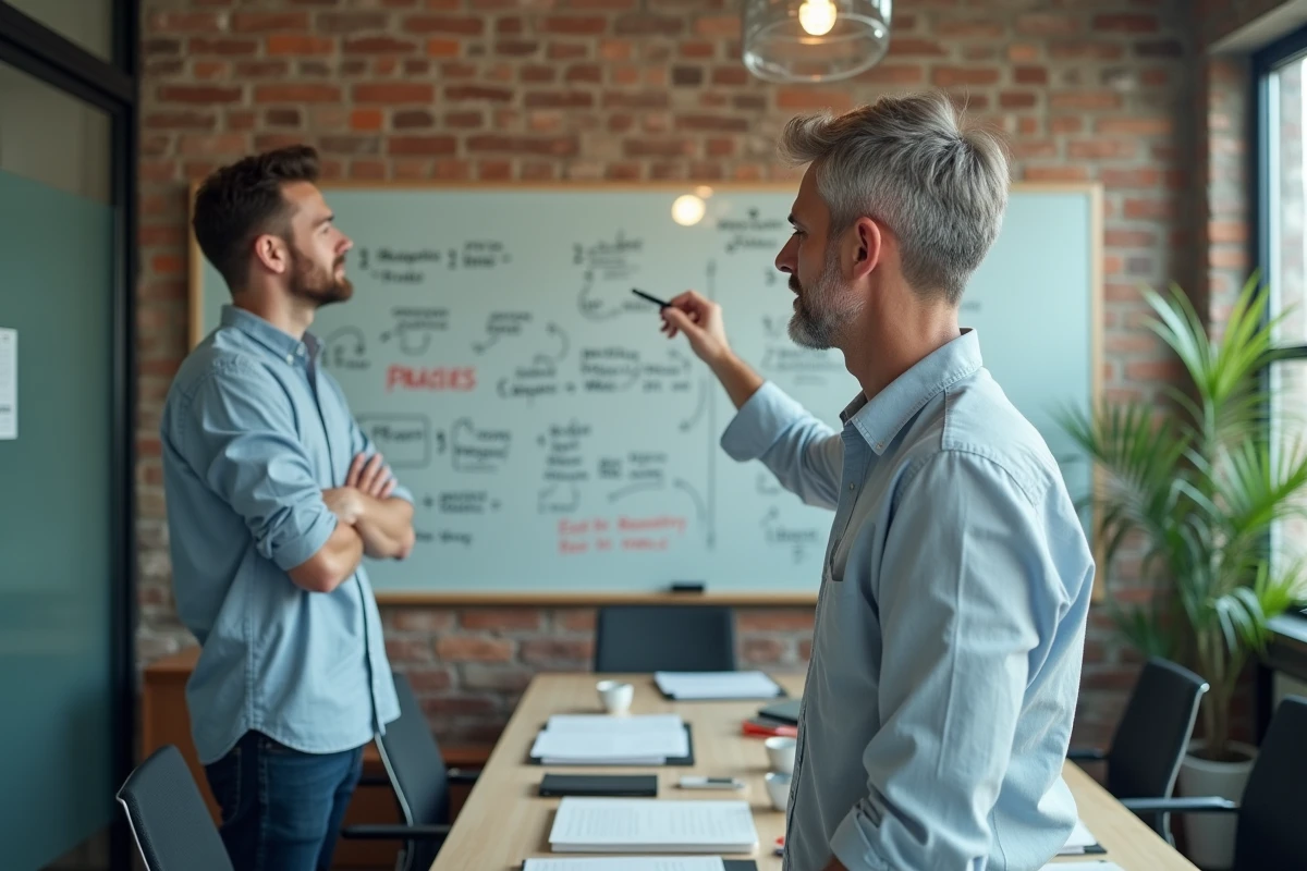 Consultant présentant une méthode de tarification sur un tableau blanc dans une salle de réunion créative