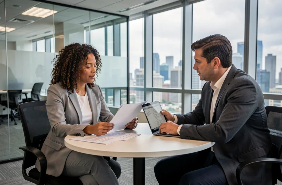 Consultante informatique en portage salarial discutant d'un contrat avec un conseiller professionnel