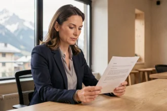 Consultante indépendante en portage salarial signant un contrat dans un espace de coworking à Annecy