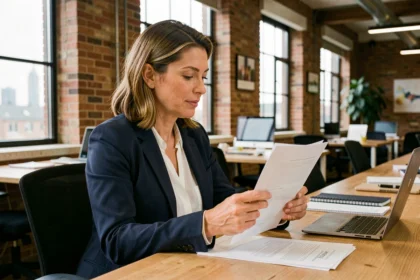 Consultante indépendante en portage salarial signant un contrat dans un espace de coworking à Roubaix