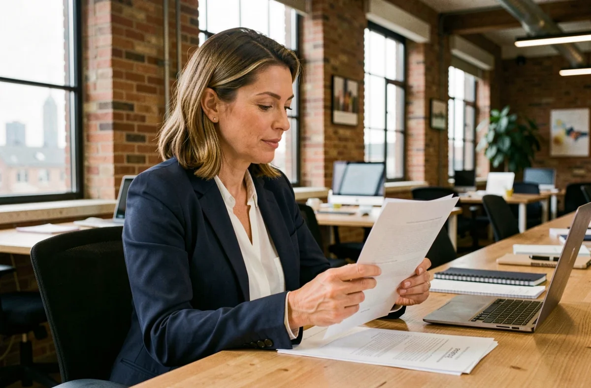 Consultante indépendante en portage salarial signant un contrat dans un espace de coworking à Roubaix