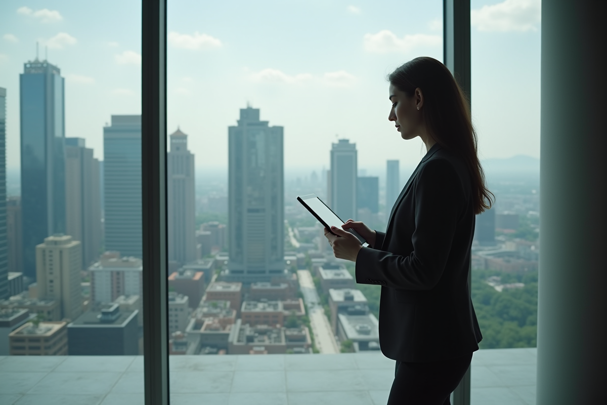 Jeune femme consultante avec tablette devant la ville