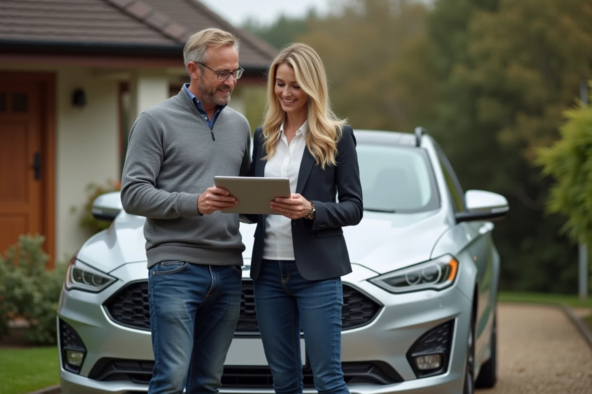 Couple de salariés évaluant le coût fiscal de la voiture de fonction devant leur domicile