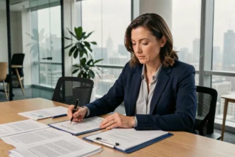 Professionnelle en blazer marine étudiant des documents juridiques pour créer une société de portage salarial dans un bureau moderne avec vue sur la ville