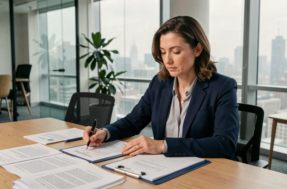 Professionnelle en blazer marine étudiant des documents juridiques pour créer une société de portage salarial dans un bureau moderne avec vue sur la ville