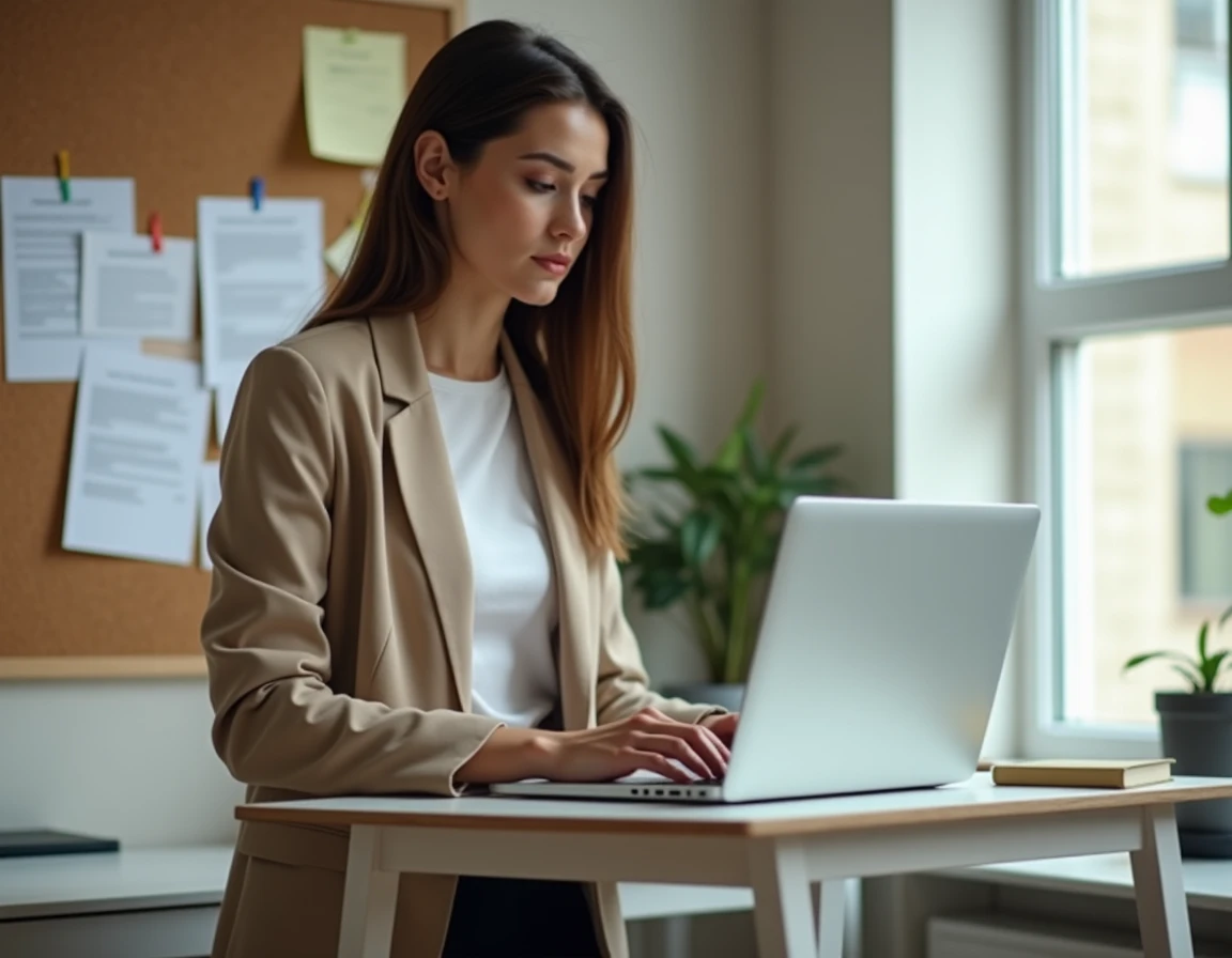 Jeune femme débutante en vente éditant son CV commercial depuis son bureau à domicile