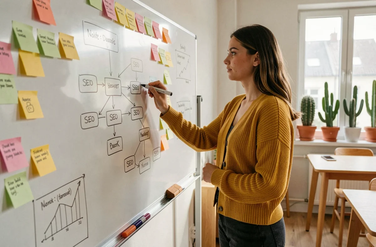 Créatrice de contenu de Daidyl esquissant une architecture de site web et des flux SEO sur un tableau blanc dans un bureau moderne