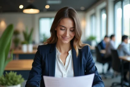 Jeune femme débutante révisant son CV commercial dans un espace de coworking professionnel