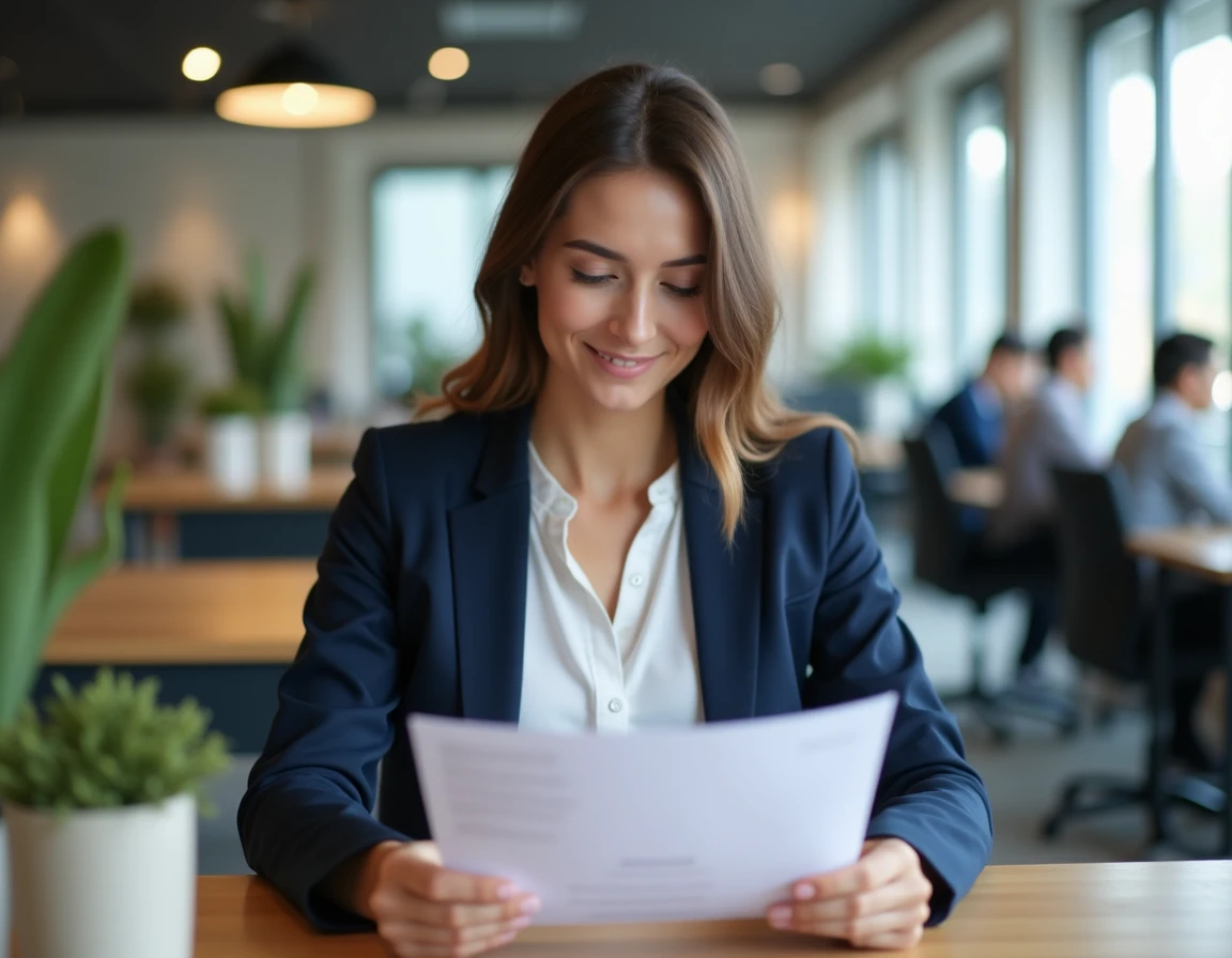 Jeune femme débutante révisant son CV commercial dans un espace de coworking professionnel
