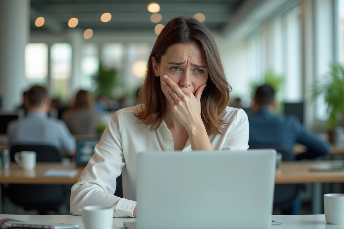 Femme découvrant qu'elle a été enregistrée à son insu dans un bureau professionnel en open space