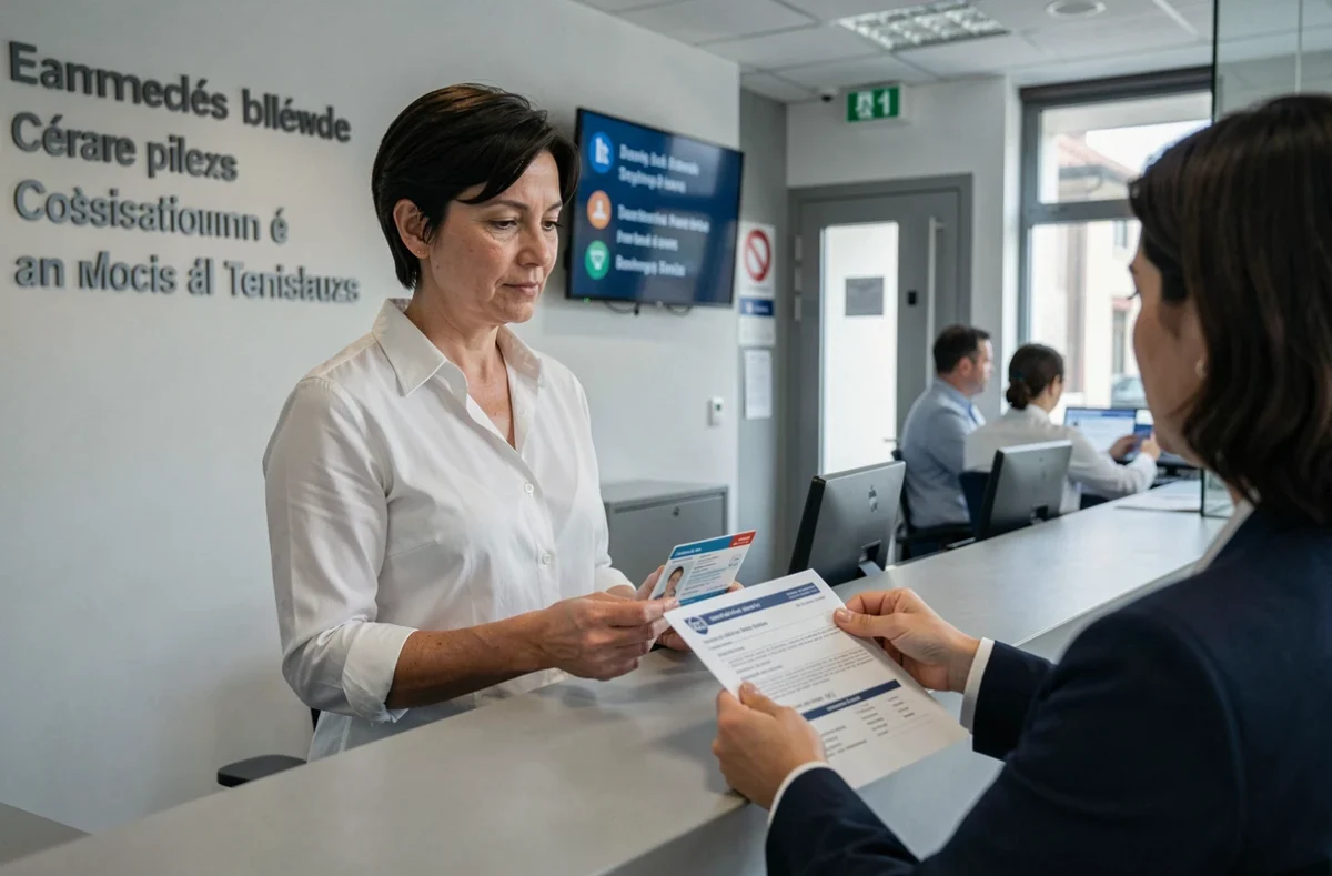 Femme déposant un dossier de demande de carte professionnelle CNAPS au guichet d'un organisme administratif