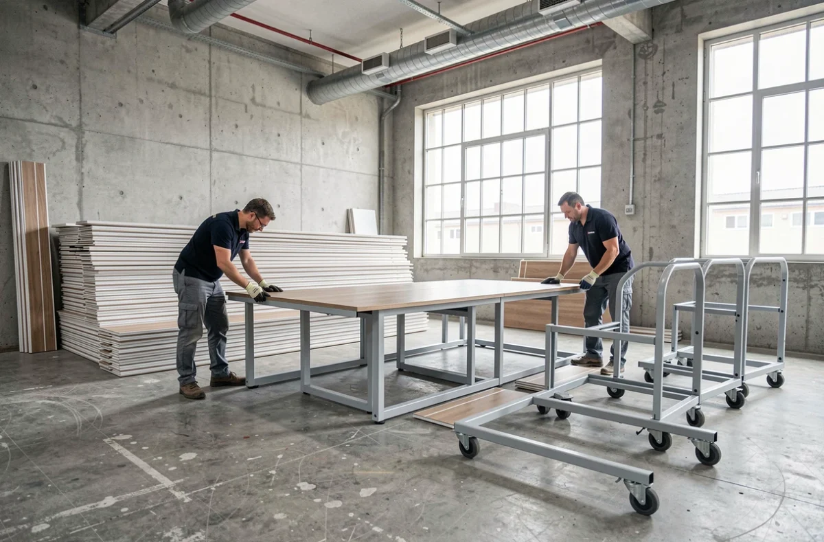 Démontage d'une salle de réunion modulaire dans des bureaux lillois avec des panneaux préfabriqués empilés et des cadres métalliques rangés sur chariots