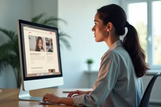 Designer web féminine analysant des maquettes de site internet sur un écran dans une agence de création web moderne