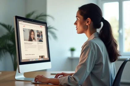 Designer web féminine analysant des maquettes de site internet sur un écran dans une agence de création web moderne