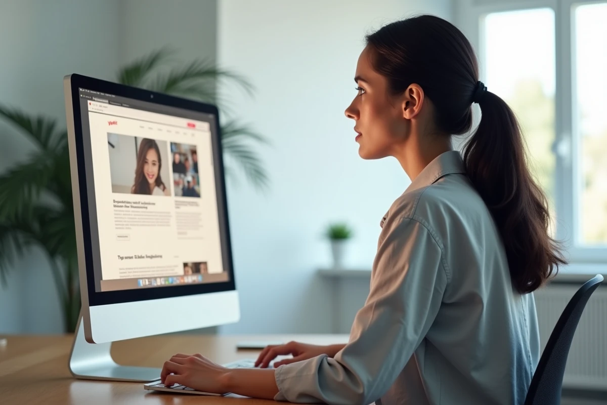 Designer web féminine analysant des maquettes de site internet sur un écran dans une agence de création web moderne