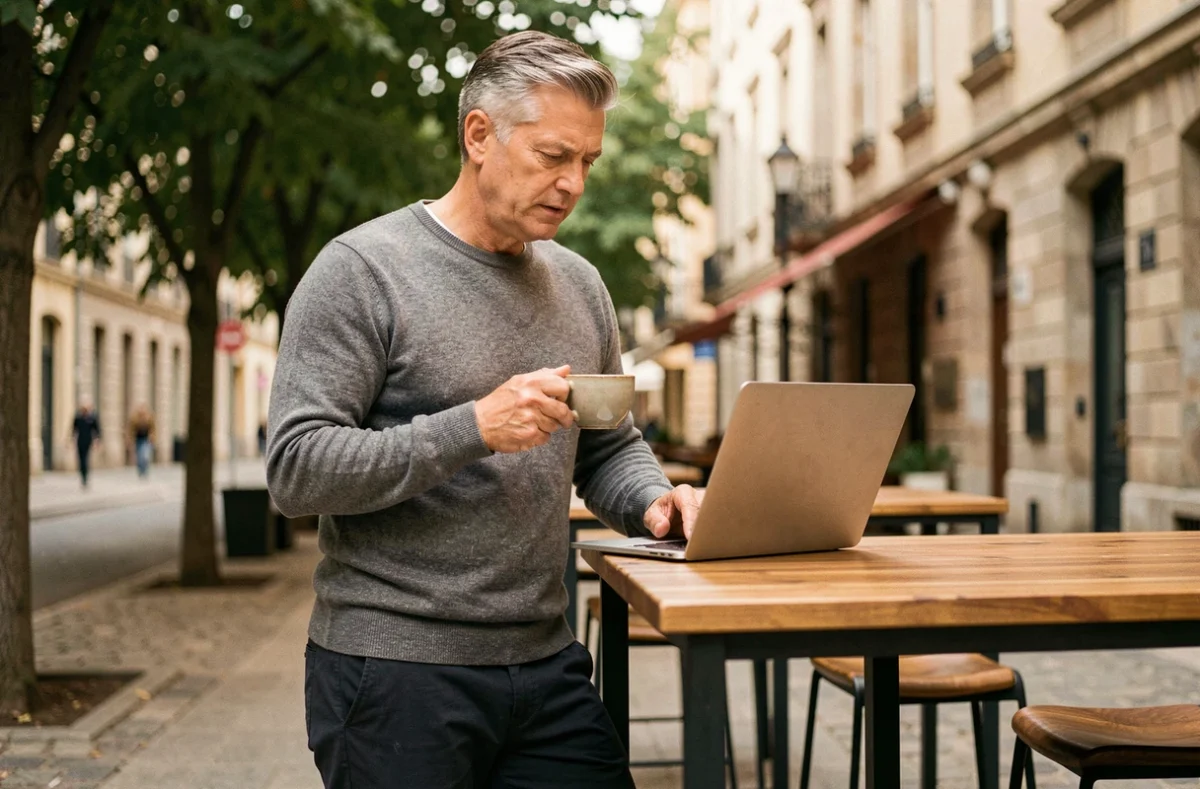 Développeur freelance en portage salarial travaillant en télétravail depuis une terrasse urbaine avec son ordinateur portable