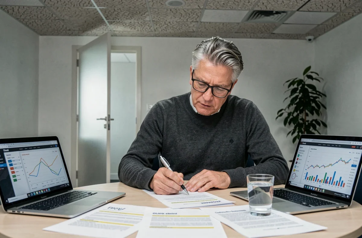 Directeur financier annotant des rapports de chiffre d'affaires opérationnel multi-activités lors d'une réunion de travail