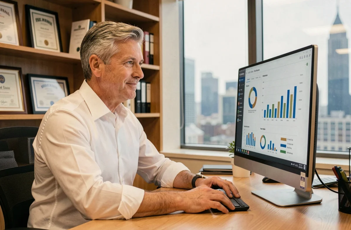 Chef d'entreprise analysant les indicateurs de croissance de son entreprise sur un écran de bureau professionnel