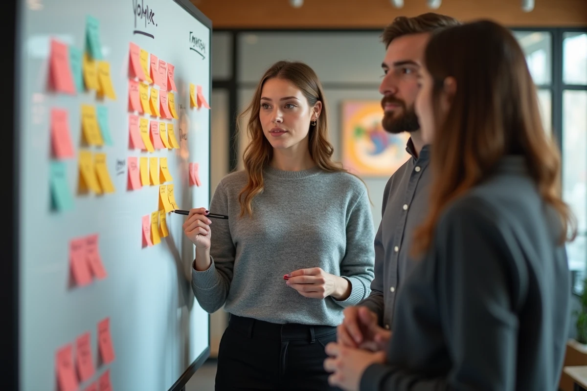 Jeune femme discutant avec coll&egrave;gues devant un tableau blanc