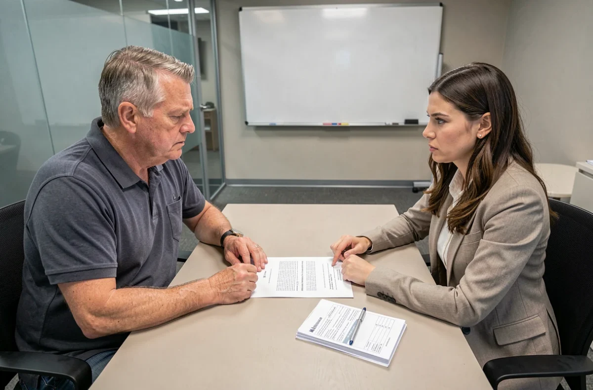Client et prestataire en discussion tendue autour d'un contrat signé avec acompte dans une salle de réunion professionnelle