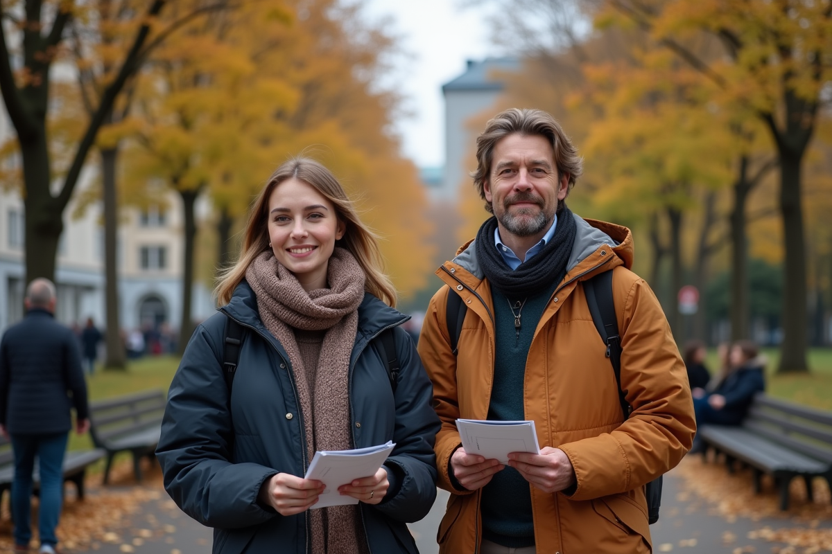 Jeune femme et homme distribuant des flyers dans un parc urbain