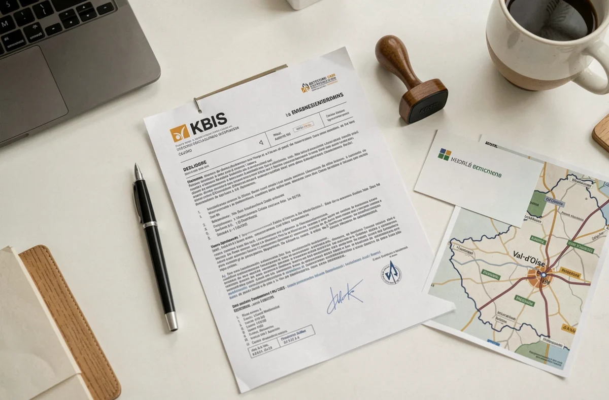 Documents officiels de domiciliation d'entreprise incluant un extrait Kbis et une carte du Val-d'Oise posés sur un bureau administratif