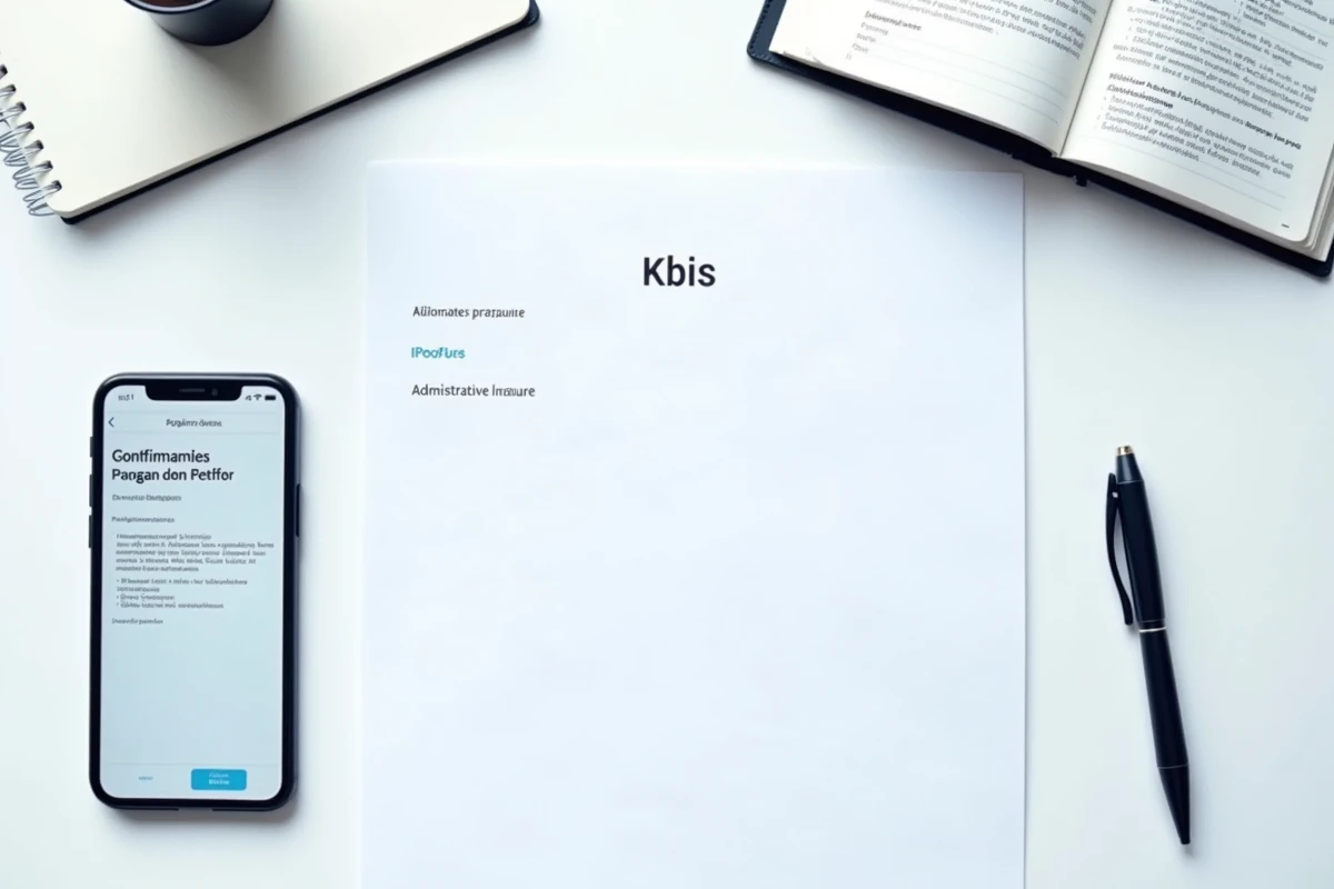 Vue en plongée de documents KBIS et extrait Pappers pour auto-entrepreneur posés sur un bureau blanc avec stylo et smartphone