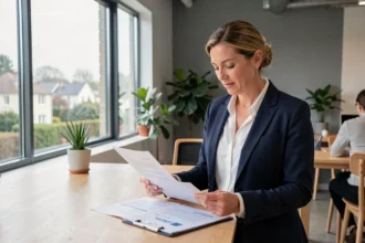 Femme cheffe d'entreprise consultant des documents de domiciliation dans un espace de coworking moderne dans le Val-d'Oise