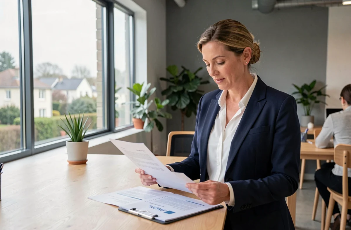 Femme cheffe d'entreprise consultant des documents de domiciliation dans un espace de coworking moderne dans le Val-d'Oise