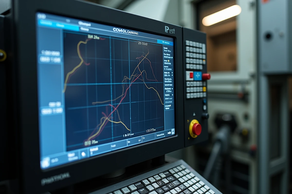 Écran de commande CNC affichant un programme d'usinage avec paramètres de temps de cycle optimisés
