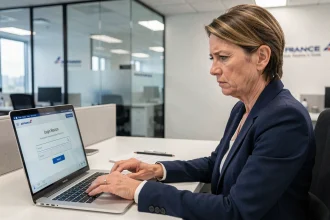 Employée Air France tentant de récupérer l'accès à son intranet depuis un bureau d'aéroport