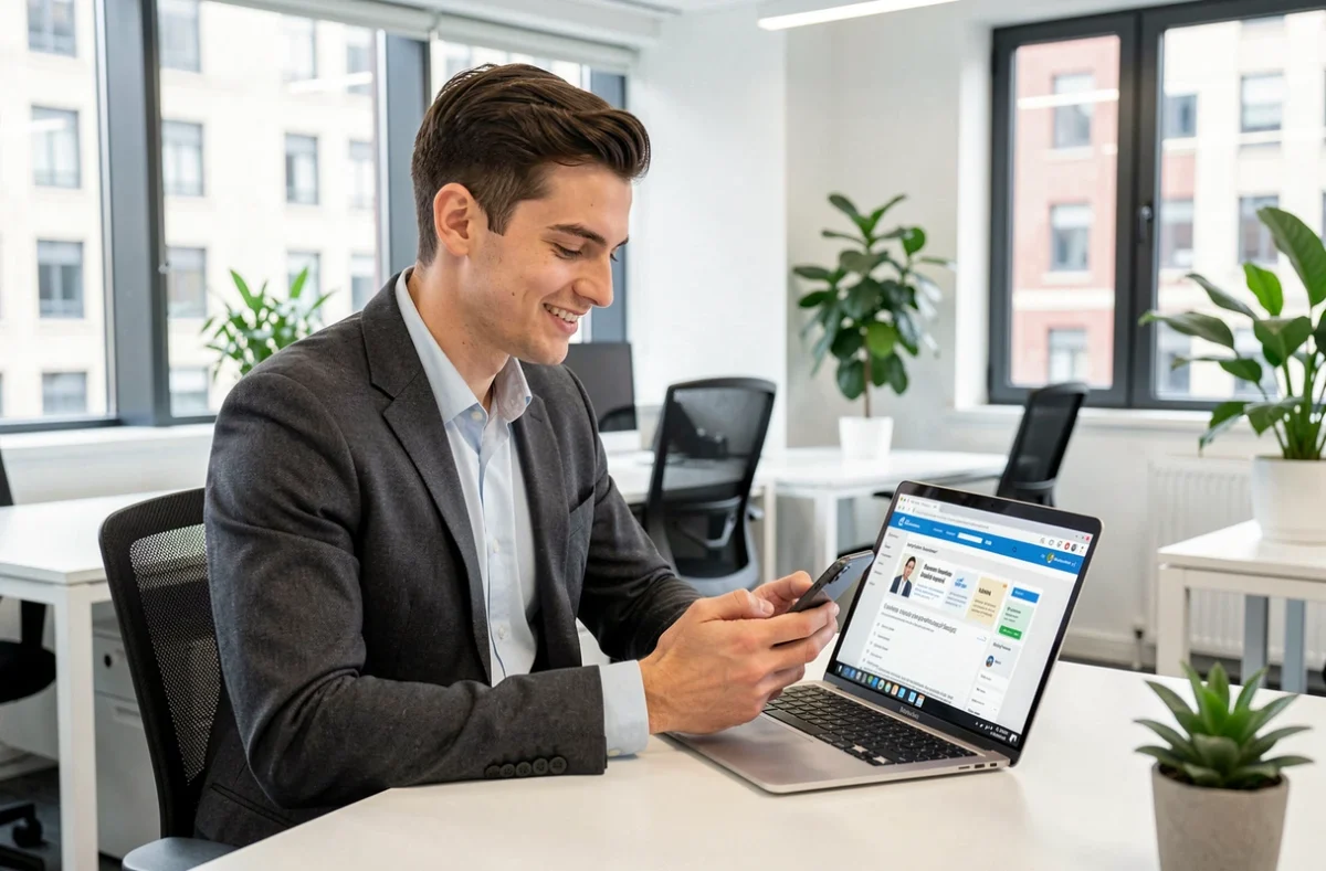 Employé en bureau consultant l'intranet Norauto sur smartphone et ordinateur portable