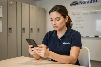 Employée Norauto consultant l'intranet de l'entreprise sur son smartphone dans la salle de pause