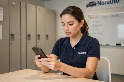Employée Norauto consultant l'intranet de l'entreprise sur son smartphone dans la salle de pause