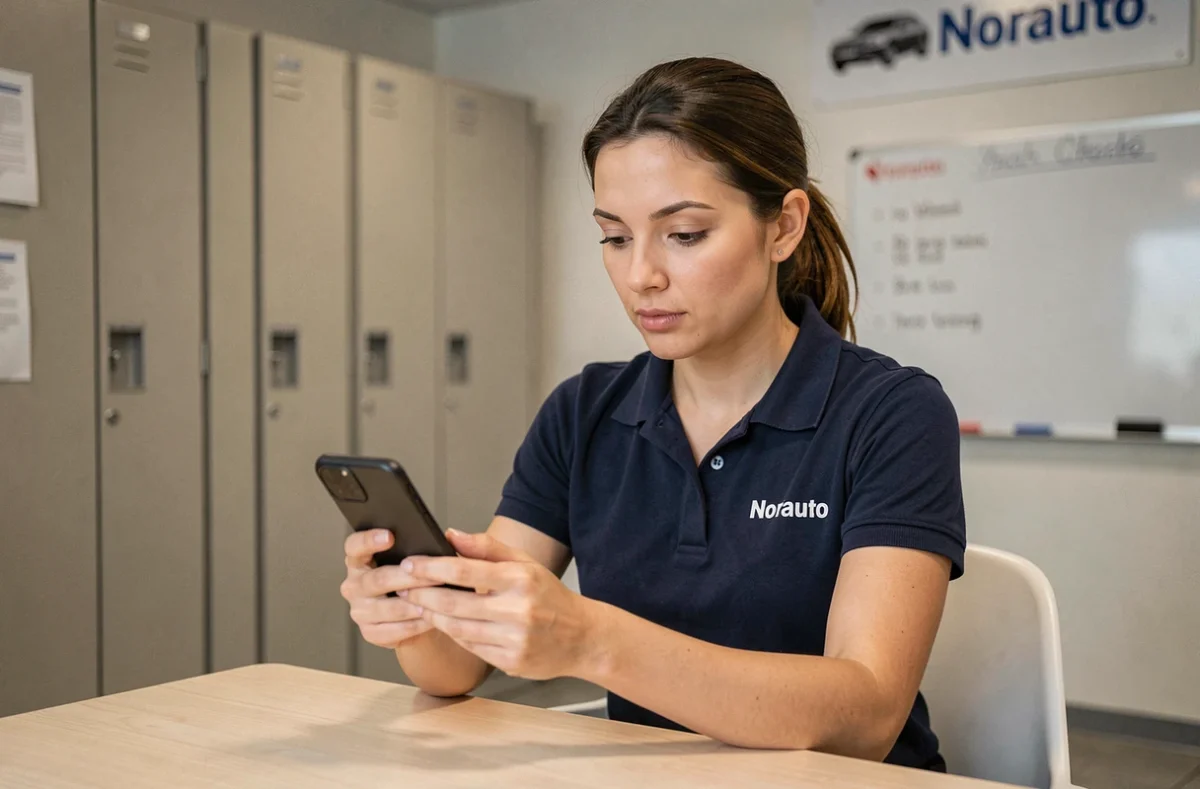 Employée Norauto consultant l'intranet de l'entreprise sur son smartphone dans la salle de pause