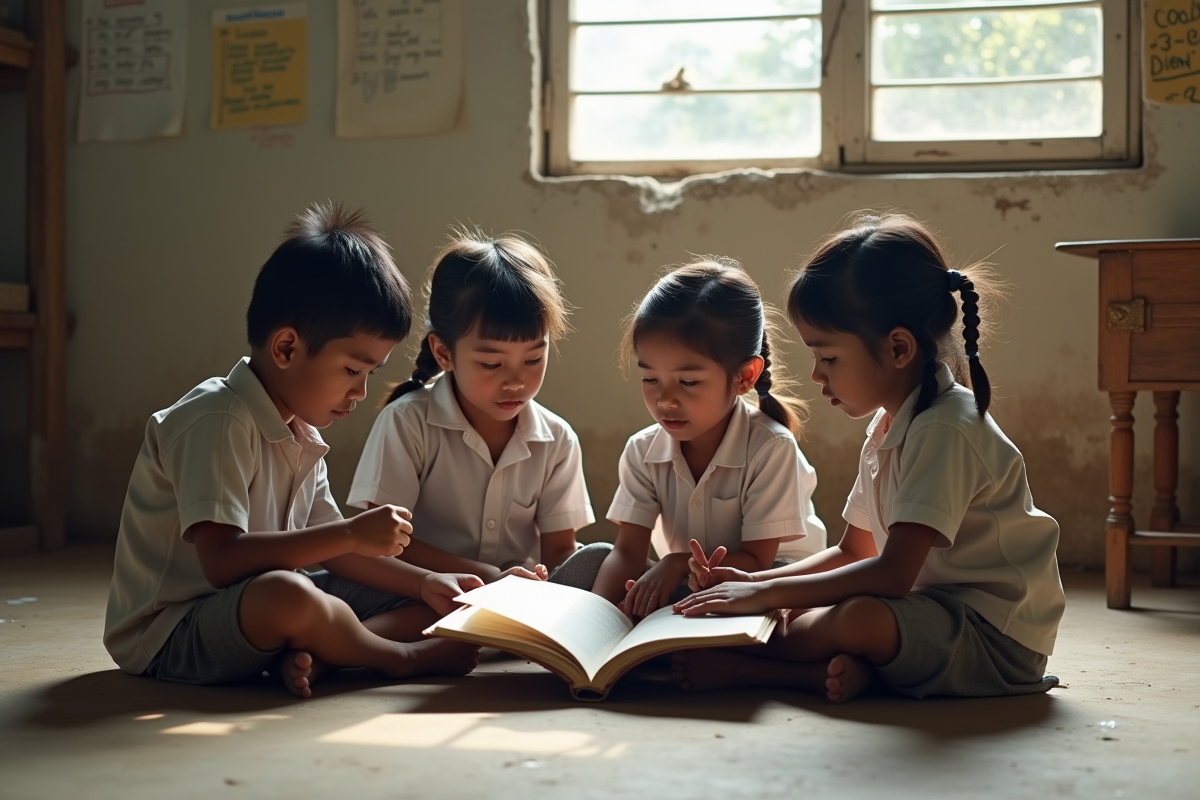 Enfants indiens en classe partageant un livre