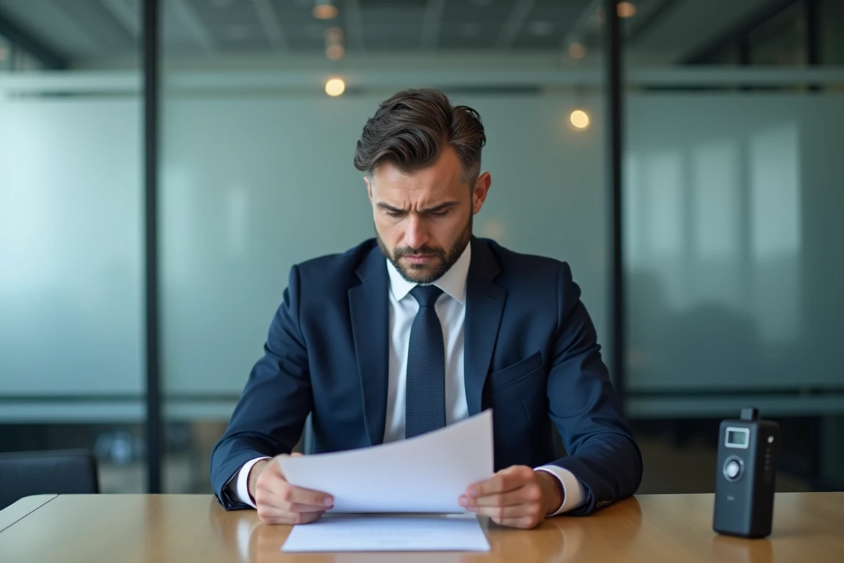 Homme en costume découvrant un enregistrement de conversation professionnelle lors d'une réunion d'entreprise