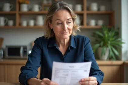 Professeur femme examine fiche de paie &agrave; la maison