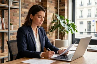 Femme entrepreneur assise à son bureau dans un espace de travail moderne à Montreuil, examinant des documents de domiciliation d'entreprise