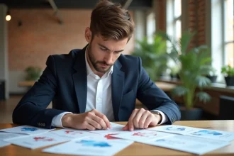 Homme d'affaires étudie des brochures régionales dans un espace moderne