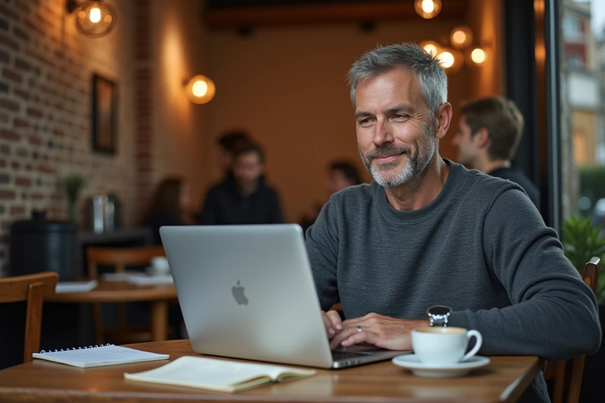 Un entrepreneur consultant un site de marketing en ligne depuis un café parisien avec un ordinateur portable et des notes manuscrites