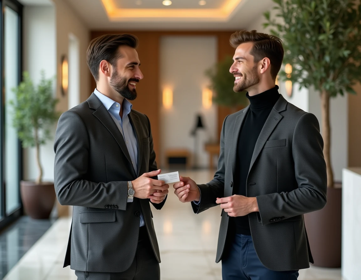 Deux entrepreneurs échangeant des cartes de visite lors d'un événement mon-cercle B2B gratuit en 2026