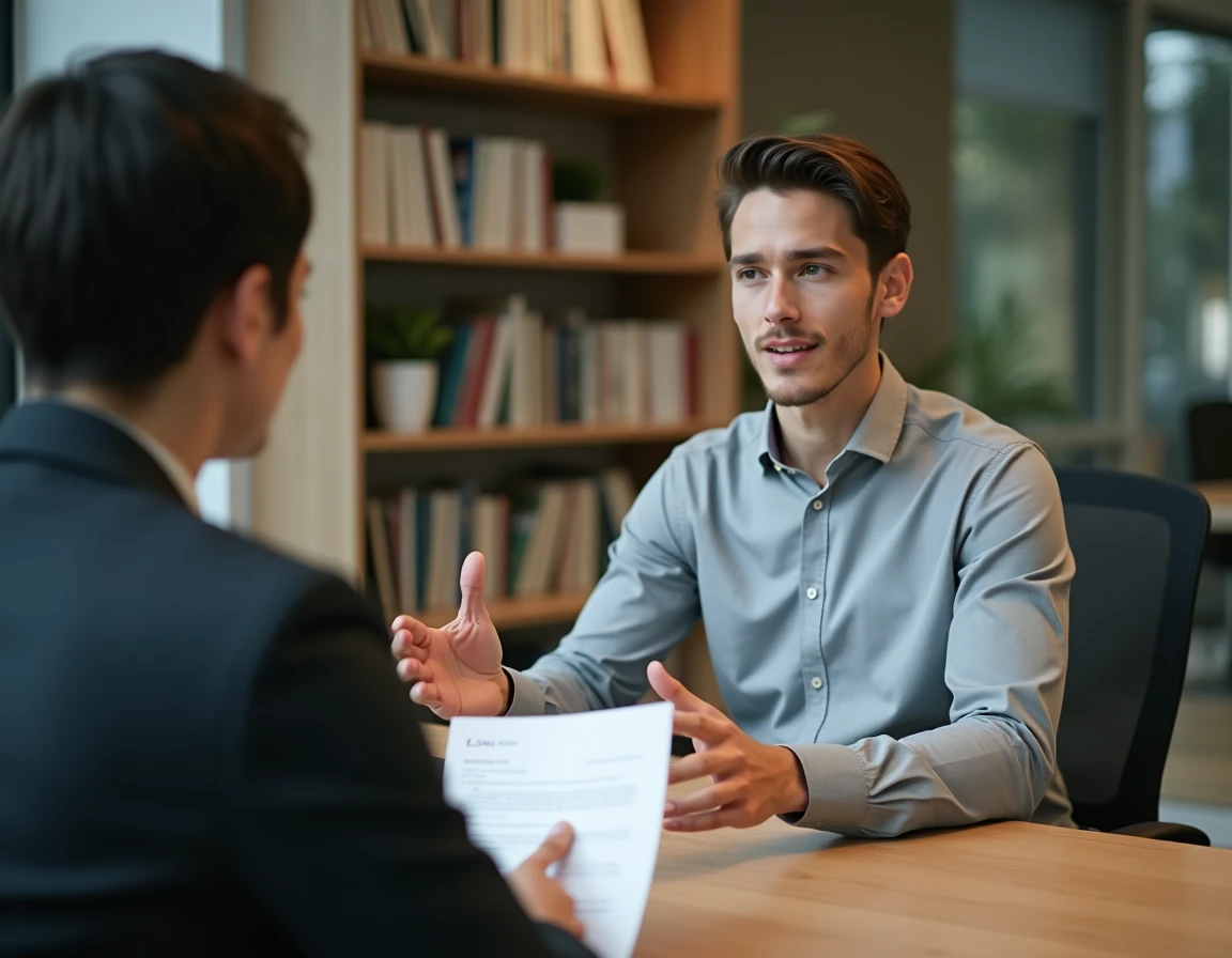 Jeune homme débutant en entretien commercial présentant ses compétences à un recruteur