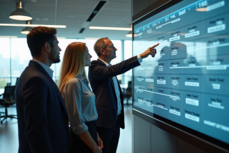 Groupe de professionnels discutant devant un planning digital