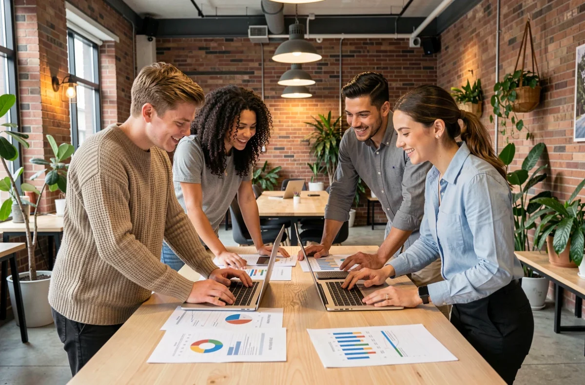 Équipe de professionnels collaborant autour d'une table dans un espace de coworking pour développer la stratégie de croissance de leur entreprise