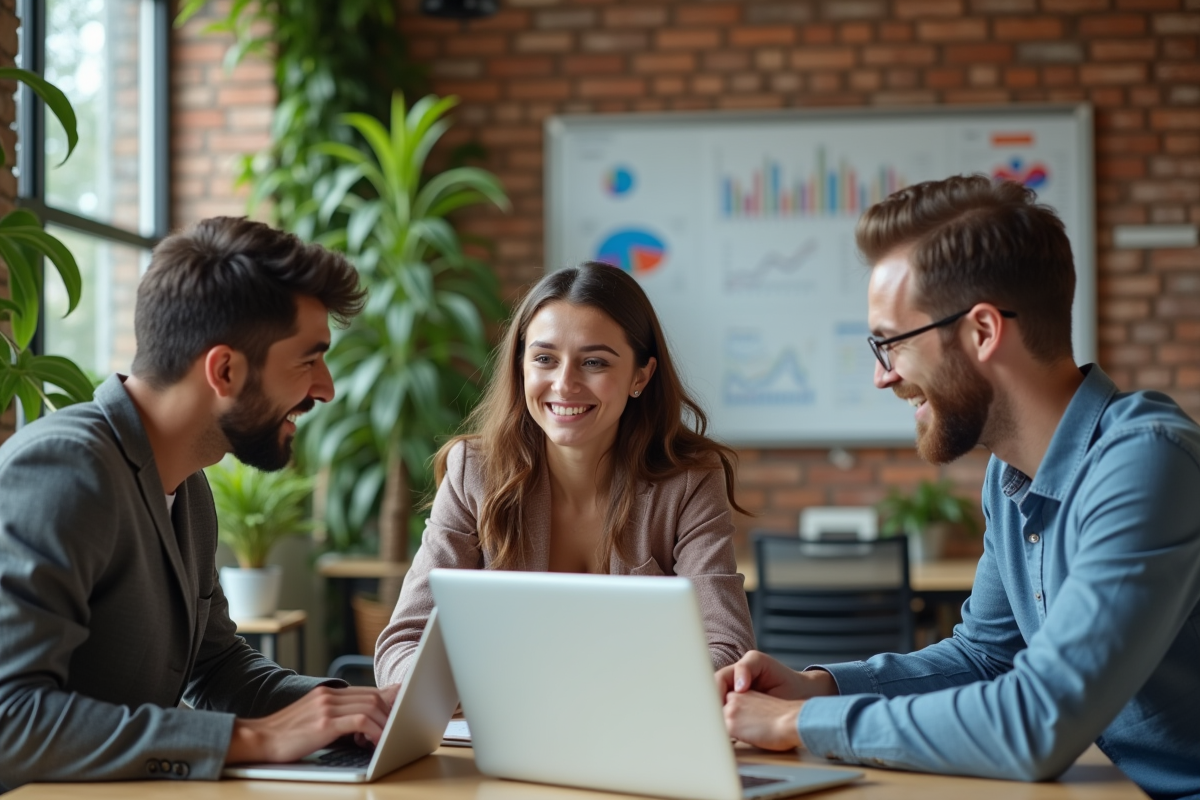 Groupe de collègues en discussion dans un espace de coworking