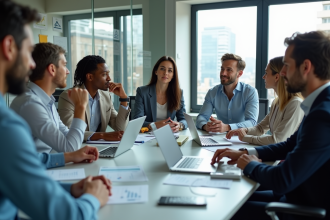 Groupe de professionnels en réunion dans un bureau moderne